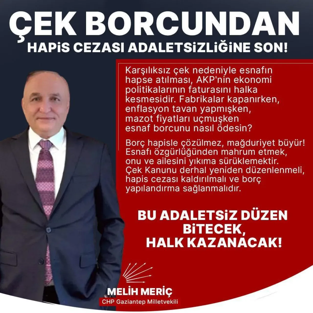 CHP'li Meriç'ten Karşılıksız Çekte Hapis Cezası Tepkisi: Adil Yeniden Yapılandırma Çağrısı CHP'li Meriç'ten Karşılıksız Çekte Hapis Cezası Tepkisi: Adil Yeniden Yapılandırma Çağrısı