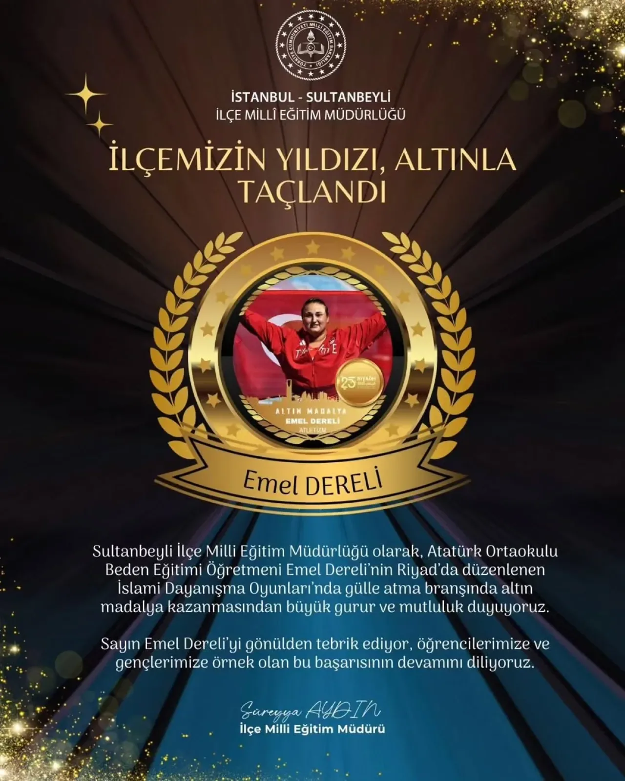 İstanbul'dan Öğretmen Sporcu Emel Dereli, Riyad'daki İslami Dayanışma Oyunları'nda Altın Madalya Kazandı İstanbul'dan Öğretmen Sporcu Emel Dereli, Riyad'daki İslami Dayanışma Oyunları'nda Altın Madalya Kazandı