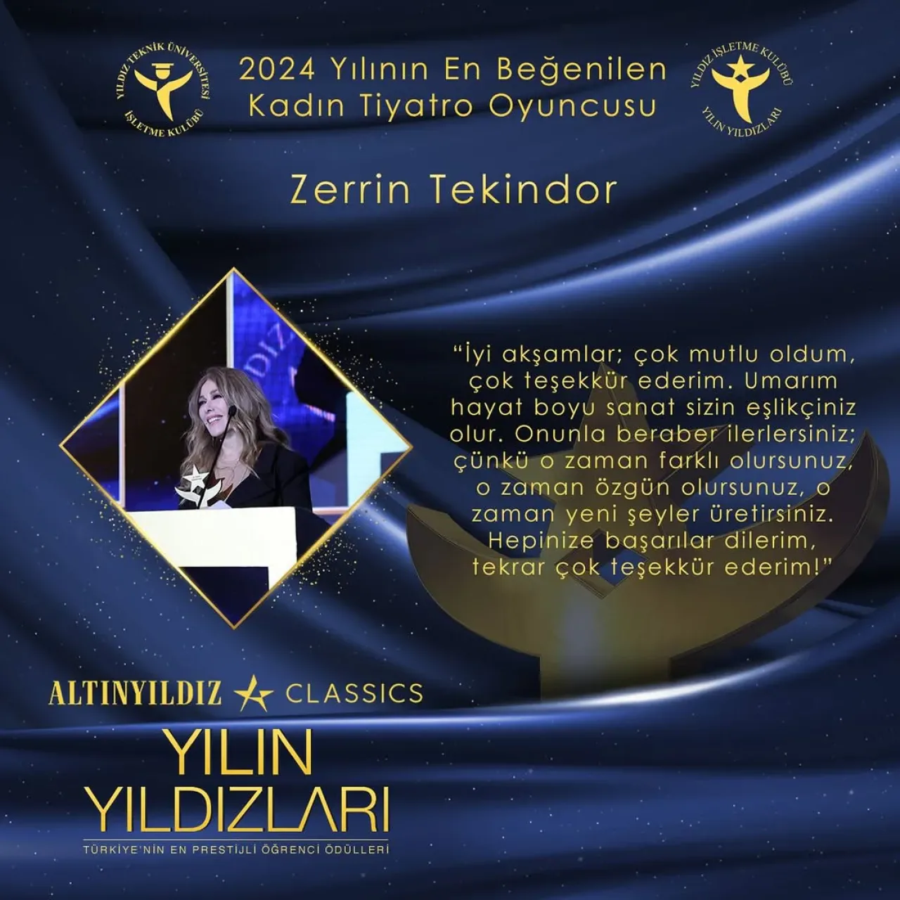 Zerrin Tekindor, 2024 Yılının En Beğenilen Kadın Tiyatro Oyuncusu Seçildi Zerrin Tekindor, 2024 Yılının En Beğenilen Kadın Tiyatro Oyuncusu Seçildi