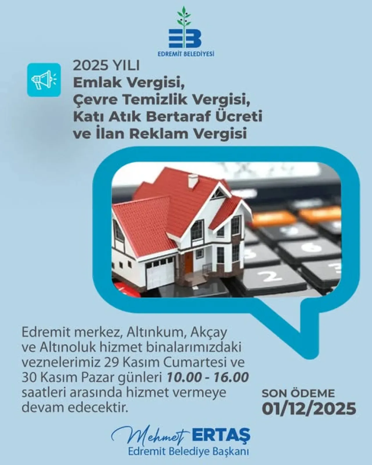 Edremit'te Vergi ve Katı Atık Ücreti İkinci Taksit Ödemeleri 1 Aralık'a Kadar Uzatıldı Edremit'te Vergi ve Katı Atık Ücreti İkinci Taksit Ödemeleri 1 Aralık'a Kadar Uzatıldı