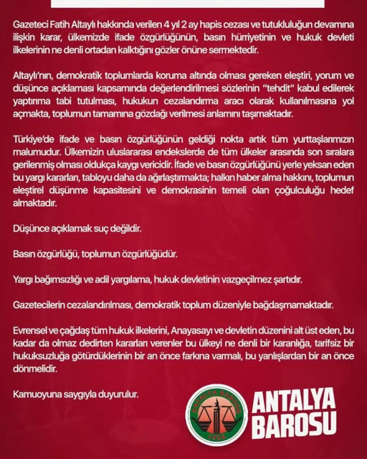 Gazeteci Fatih Altaylı'ya Verilen Hapis Cezası Antalya Barosu'ndan Tepki Gördü Gazeteci Fatih Altaylı'ya Verilen Hapis Cezası Antalya Barosu'ndan Tepki Gördü