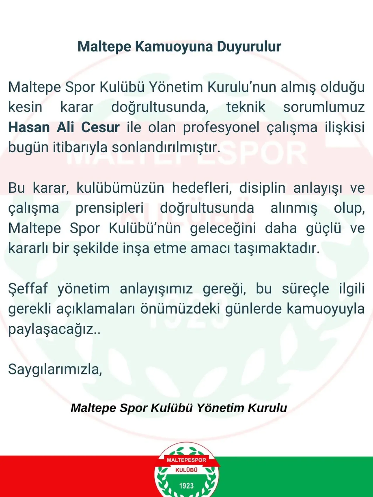 Maltepespor, Teknik Sorumlu Hasan Ali Cesur'un Görevine Son Verdi Maltepespor, Teknik Sorumlu Hasan Ali Cesur'un Görevine Son Verdi