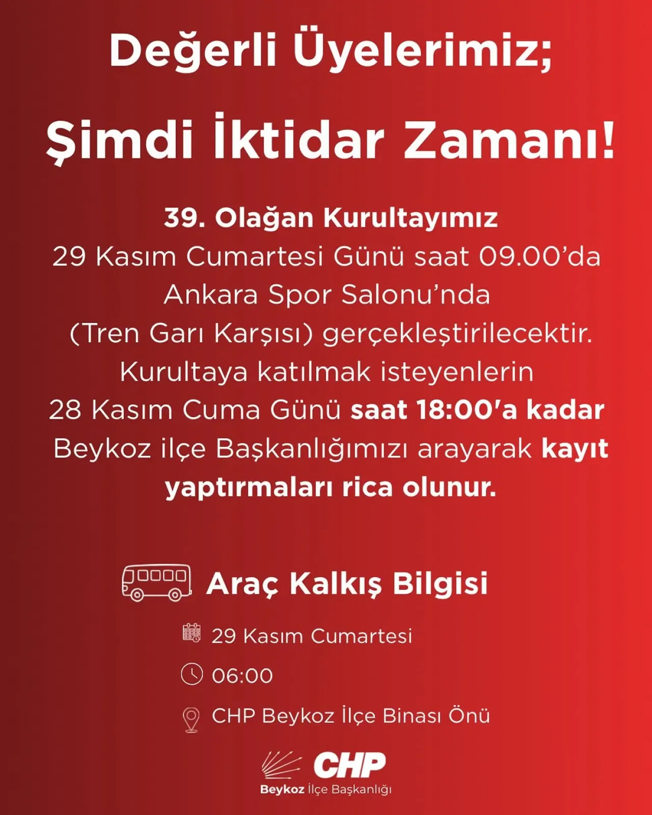 Cumhuriyet Halk Partisi Beykoz İlçesi 39. Olağan Kurultayı Tarihi ve Yeri Açıklandı Cumhuriyet Halk Partisi Beykoz İlçesi 39. Olağan Kurultayı Tarihi ve Yeri Açıklandı