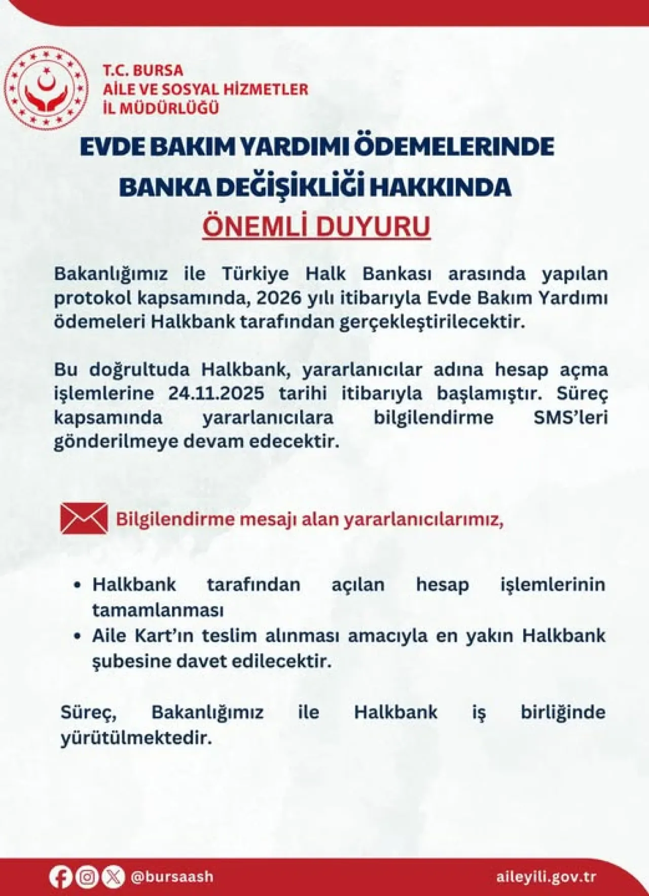 Bursa'da Evde Bakım Yardımı Ödemeleri Banka Değişiyor: 2026'da Halkbank'a Geçiş Bursa'da Evde Bakım Yardımı Ödemeleri Banka Değişiyor: 2026'da Halkbank'a Geçiş