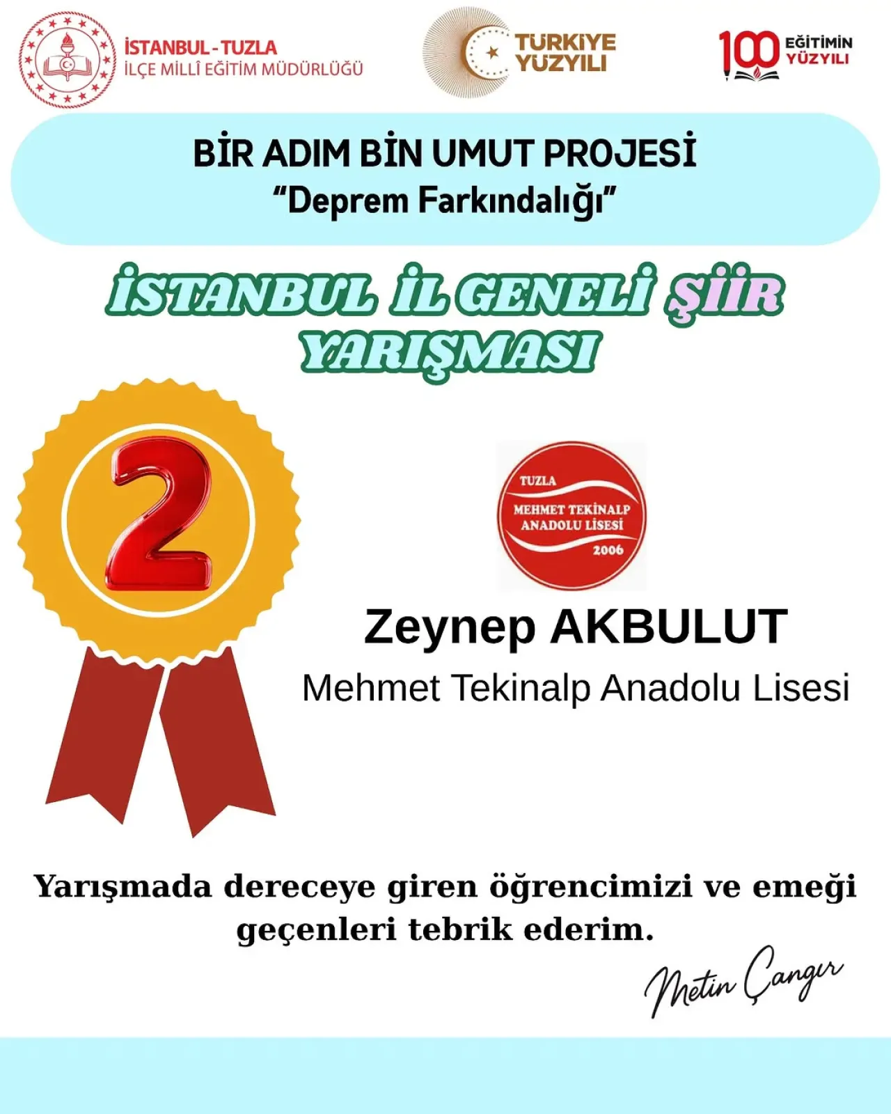 İstanbul'da Deprem Farkındalığı Şiir Yarışması'nda Tuzla'dan İkincilik İstanbul'da Deprem Farkındalığı Şiir Yarışması'nda Tuzla'dan İkincilik