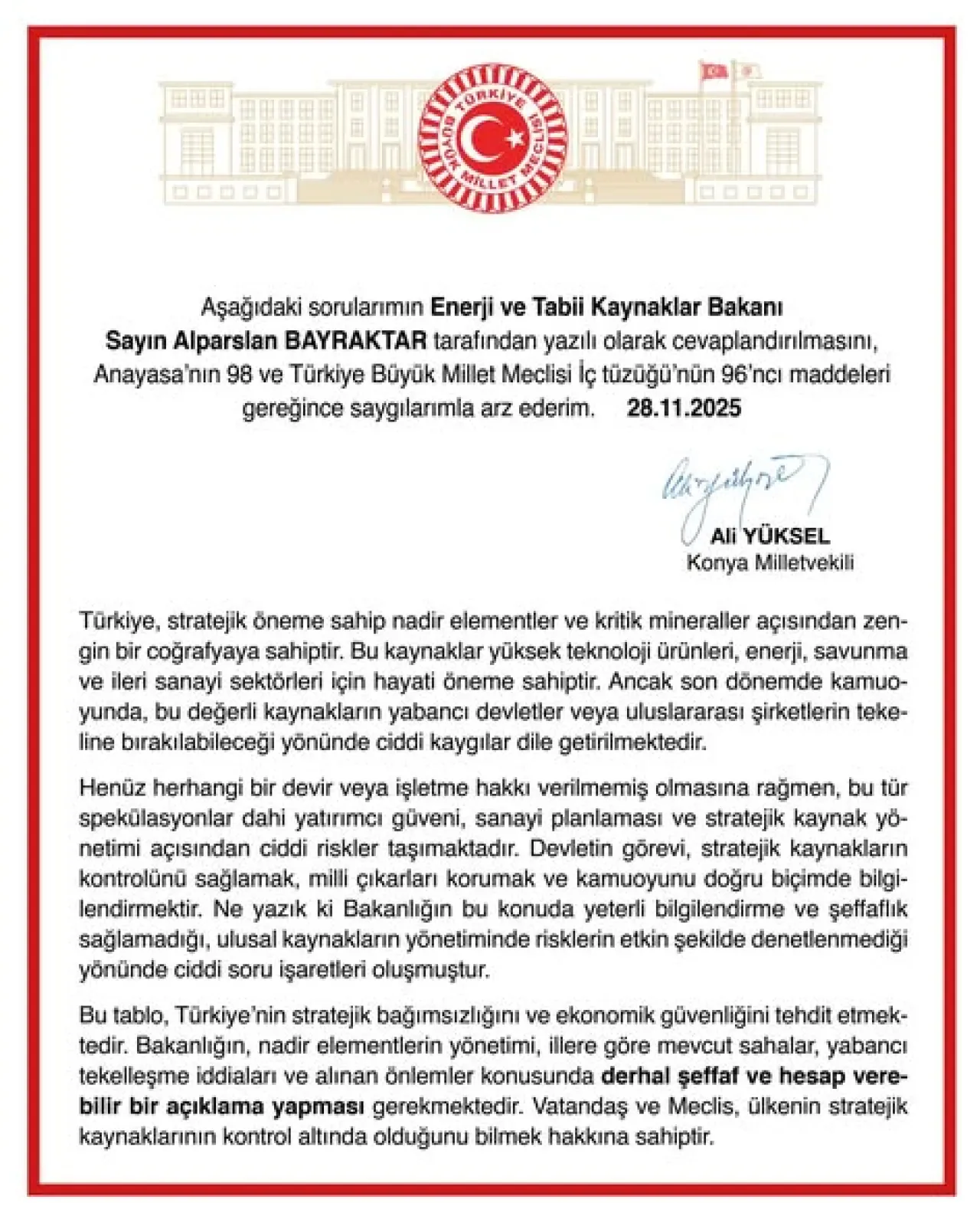 Kritik Mineraller ve Nadir Elementlerin Yabancı Tekeline Geçmesi Endişesi: TBMM'ye Soru Önergesi Kritik Mineraller ve Nadir Elementlerin Yabancı Tekeline Geçmesi Endişesi: TBMM'ye Soru Önergesi