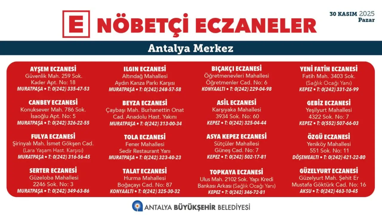 Antalya'da 30 Kasım 2025 Pazar Günü Hizmet Verecek Nöbetçi Eczaneler Antalya'da 30 Kasım 2025 Pazar Günü Hizmet Verecek Nöbetçi Eczaneler