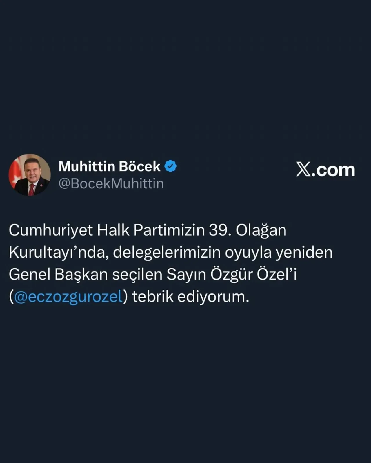 Antalya Büyükşehir Belediye Başkanı Muhittin Böcek, Özgür Özel'in Genel Başkan Seçilmesini Tebrik Etti Antalya Büyükşehir Belediye Başkanı Muhittin Böcek, Özgür Özel'in Genel Başkan Seçilmesini Tebrik Etti