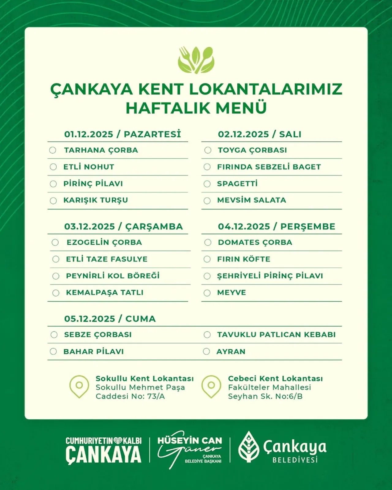 Çankaya Belediyesi Kent Lokantası Haftalık Menü Hizmeti Çankaya Belediyesi Kent Lokantası Haftalık Menü Hizmeti