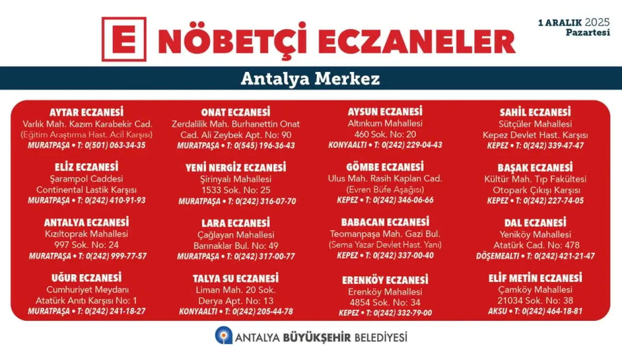 Antalya'da Nöbetçi Eczaneler: 1 Aralık 2025 Pazartesi Günü Hizmet Verecekler Antalya'da Nöbetçi Eczaneler: 1 Aralık 2025 Pazartesi Günü Hizmet Verecekler
