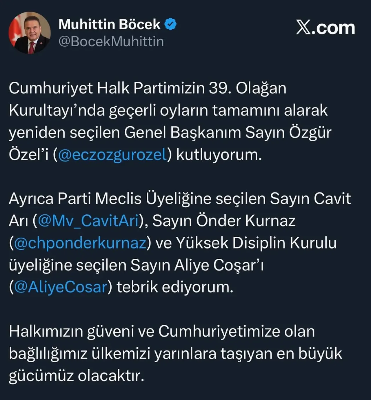Antalya Büyükşehir Belediye Başkanı Böcek'ten CHP Kurultayı Değerlendirmesi ve Tebrik Mesajı Antalya Büyükşehir Belediye Başkanı Böcek'ten CHP Kurultayı Değerlendirmesi ve Tebrik Mesajı