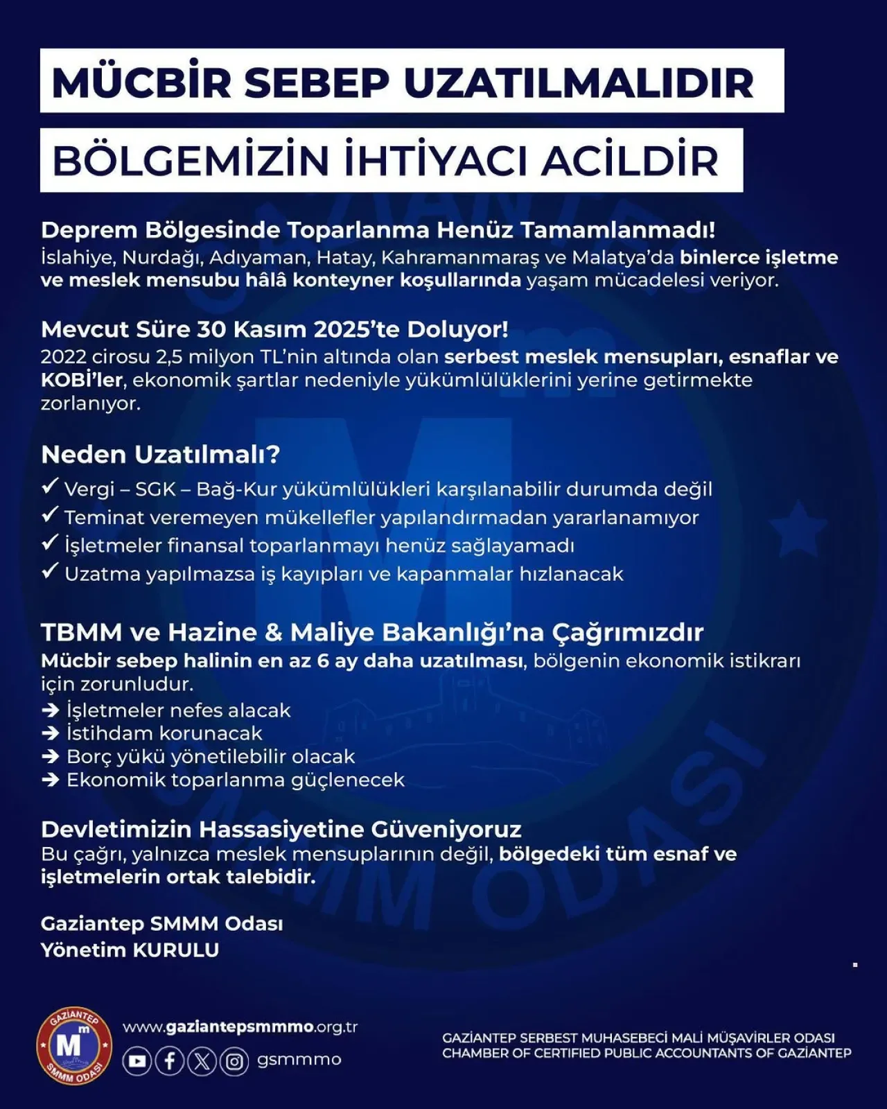 Deprem Bölgesindeki Esnaf ve İşletmeler için Mücbir Sebep Hali Uzatma Çağrısı Deprem Bölgesindeki Esnaf ve İşletmeler için Mücbir Sebep Hali Uzatma Çağrısı