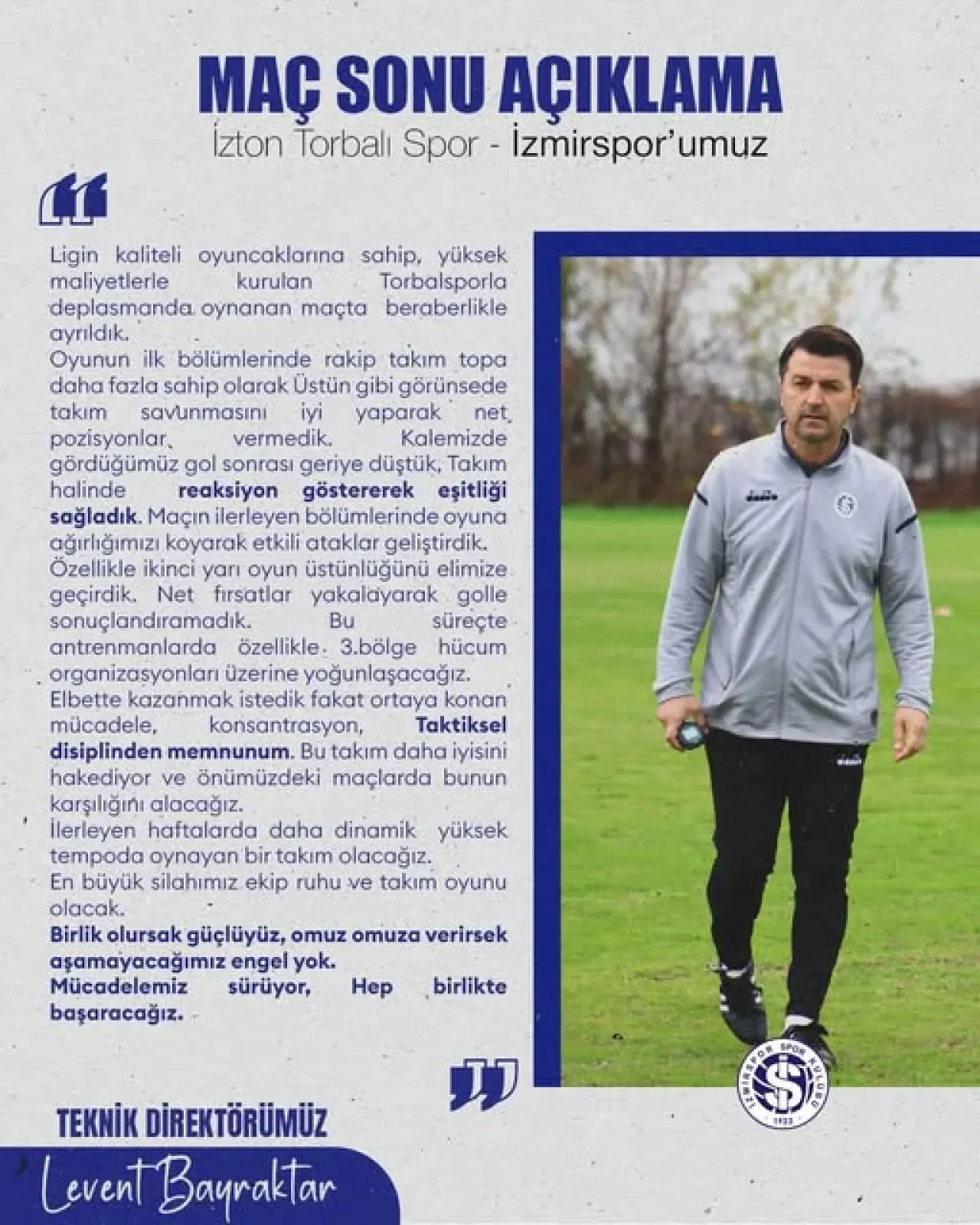 İzmirspor Teknik Direktörü Levent Bayraktar, Torbalı Spor Maçını Değerlendirdi İzmirspor Teknik Direktörü Levent Bayraktar, Torbalı Spor Maçını Değerlendirdi