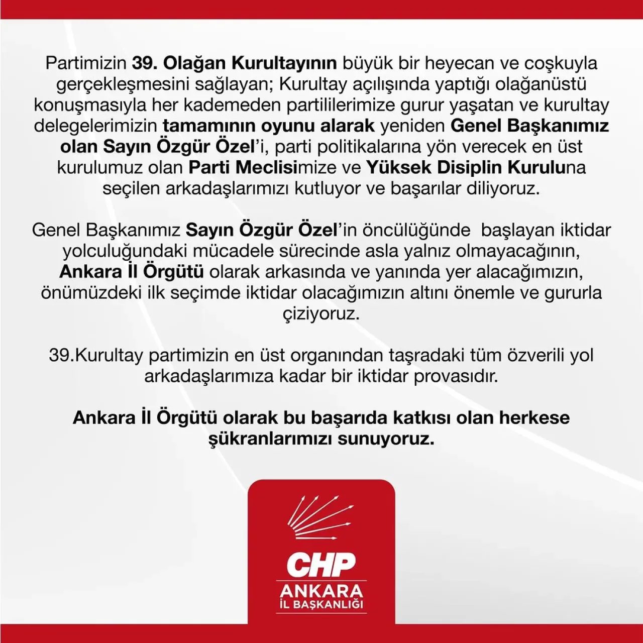 CHP Ankara İl Başkanlığı, Özgür Özel'in Yeniden Genel Başkan Seçilmesini Kutladı CHP Ankara İl Başkanlığı, Özgür Özel'in Yeniden Genel Başkan Seçilmesini Kutladı