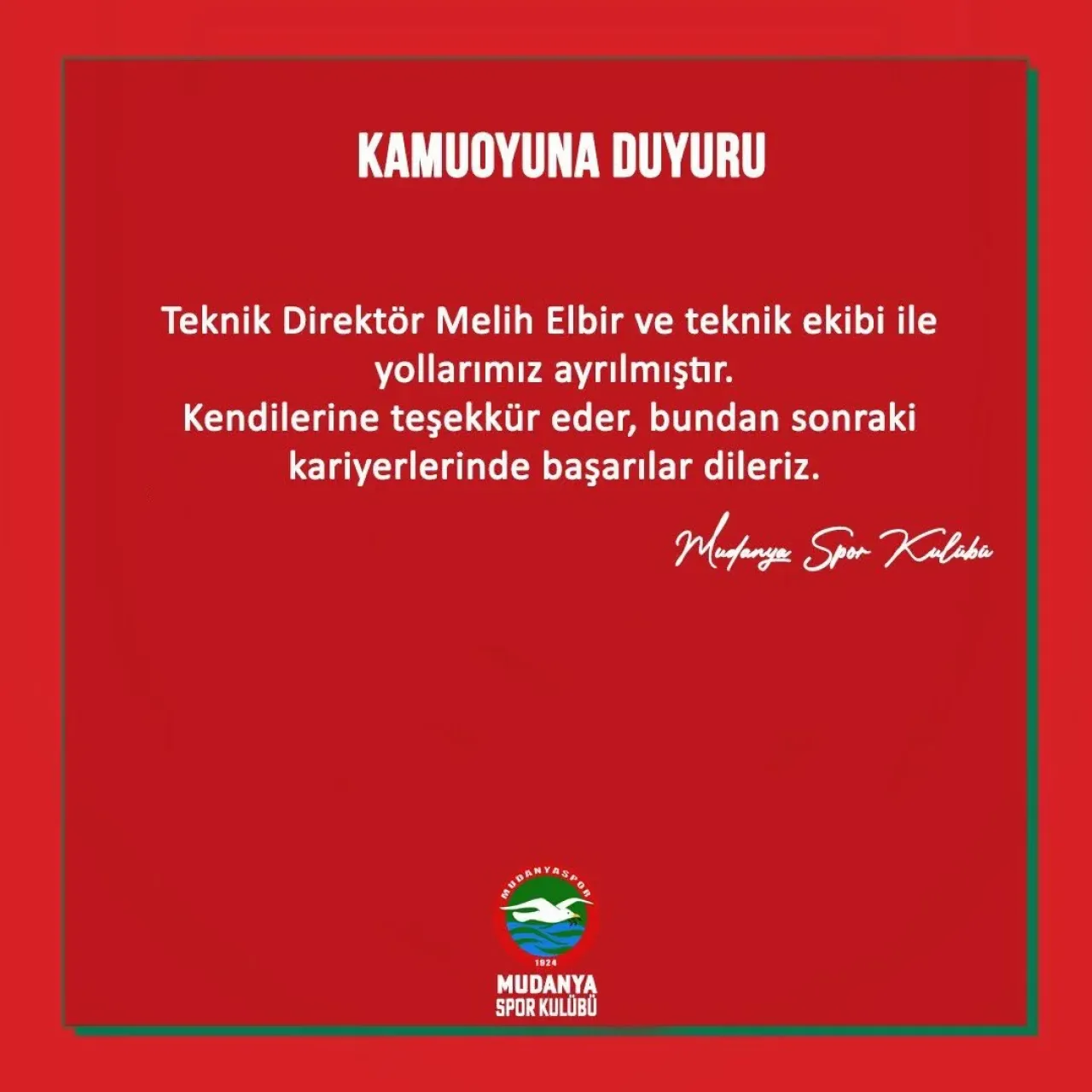 Mudanyaspor, Teknik Direktör Melih Elbir ve Ekibi İle Yollarını Ayırdı Mudanyaspor, Teknik Direktör Melih Elbir ve Ekibi İle Yollarını Ayırdı