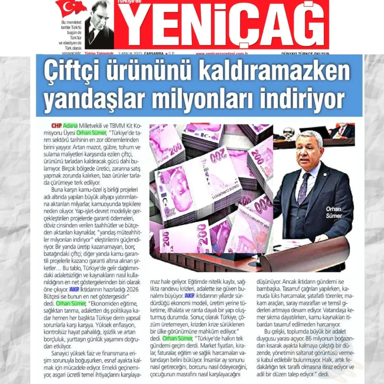 CHP'li Orhan Sümer'den Çiftçi ve Müteahhitler Arasındaki Uçuruma İlişkin Eleştiriler CHP'li Orhan Sümer'den Çiftçi ve Müteahhitler Arasındaki Uçuruma İlişkin Eleştiriler