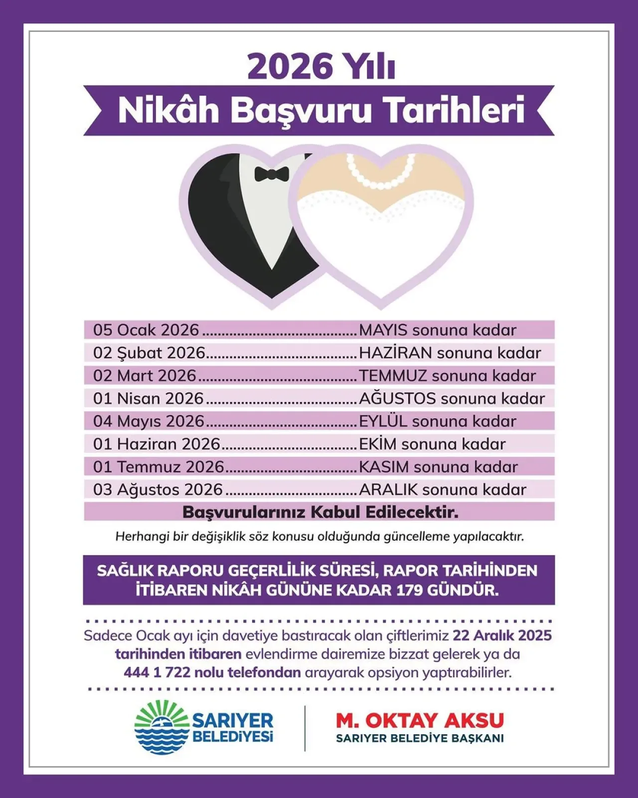 Sarıyer'de 2026 Yılı Nikâh Başvuruları İçin Önemli Duyuru Sarıyer'de 2026 Yılı Nikâh Başvuruları İçin Önemli Duyuru