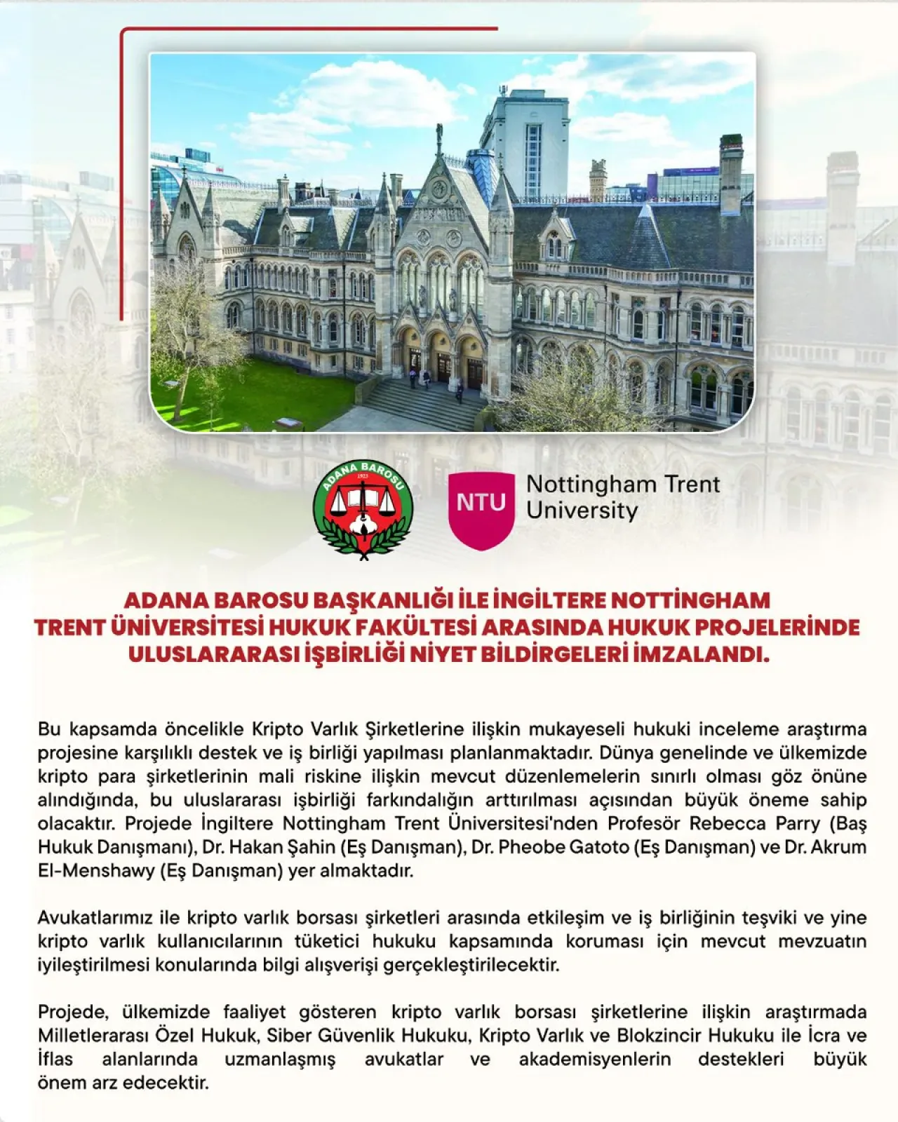 Adana Barosu ile Nottingham Trent Üniversitesi Hukuk Alanında İş Birliği Yapacak Adana Barosu ile Nottingham Trent Üniversitesi Hukuk Alanında İş Birliği Yapacak