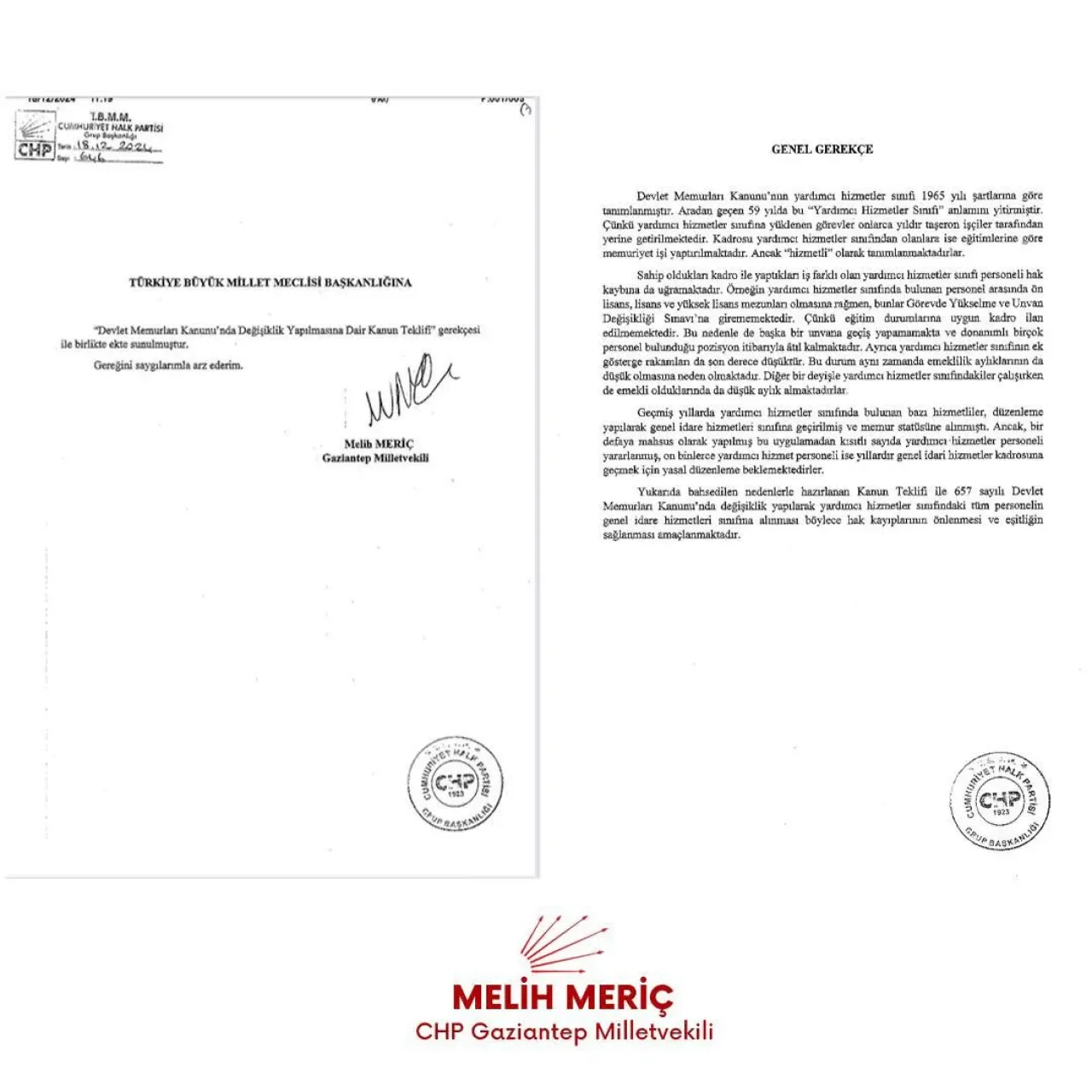 CHP'li Melih Meriç'ten Yardımcı Hizmetler Sınıfına Geçiş Talebi CHP'li Melih Meriç'ten Yardımcı Hizmetler Sınıfına Geçiş Talebi