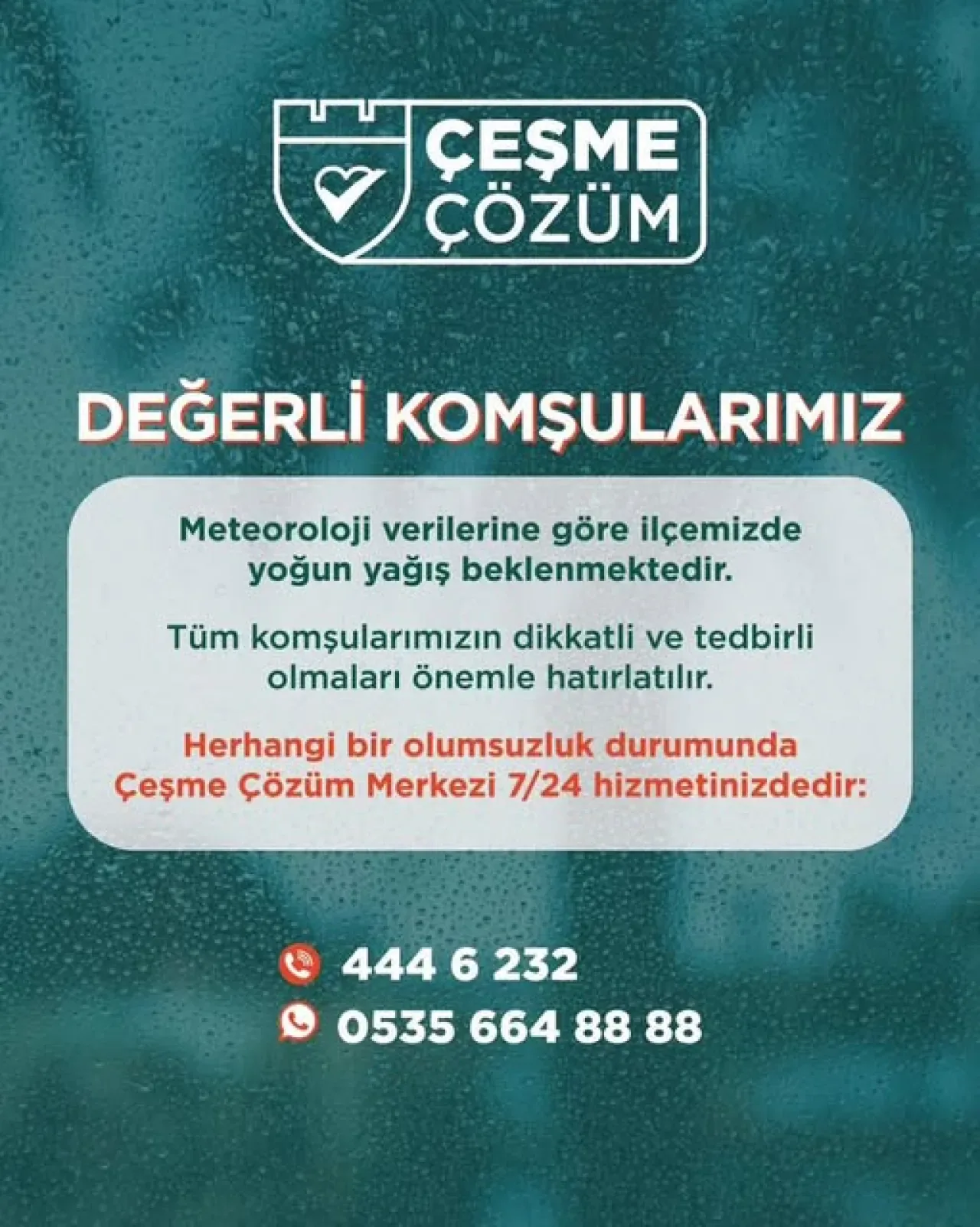 Çeşme'de Yoğun Yağış Uyarısı: 7/24 Hizmet Veren Çözüm Merkezi İletişim Numaraları Çeşme'de Yoğun Yağış Uyarısı: 7/24 Hizmet Veren Çözüm Merkezi İletişim Numaraları