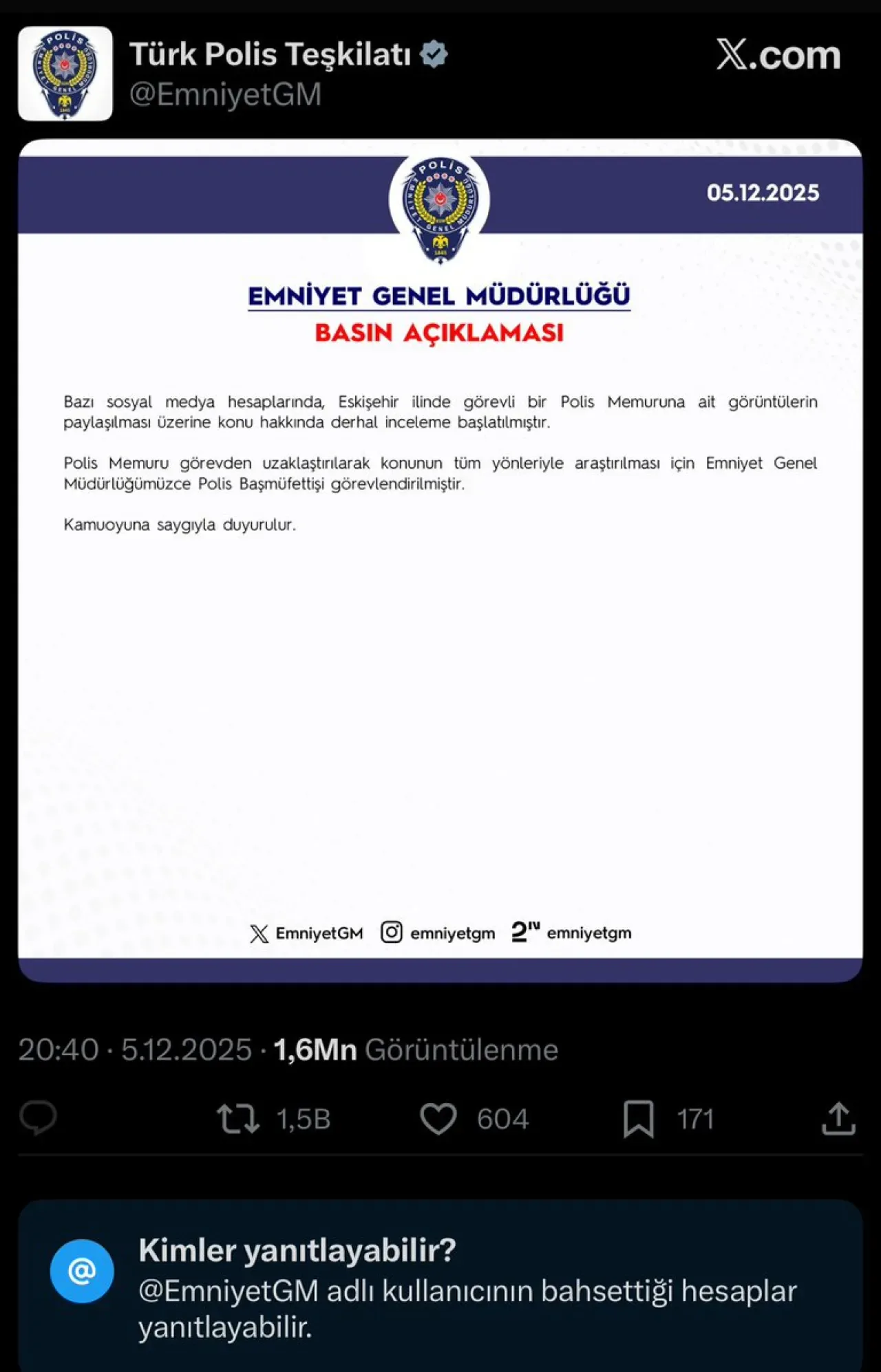 Emniyet Genel Müdürlüğü Sosyal Medya Hesabında Yanıt Kapatıldı Emniyet Genel Müdürlüğü Sosyal Medya Hesabında Yanıt Kapatıldı
