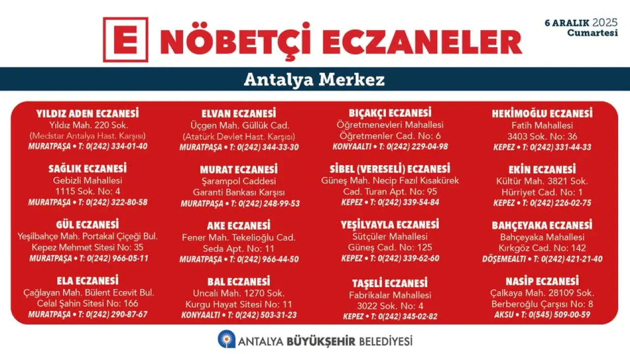 Antalya'da 6 Aralık Cumartesi Günü Nöbetçi Eczaneler Antalya'da 6 Aralık Cumartesi Günü Nöbetçi Eczaneler