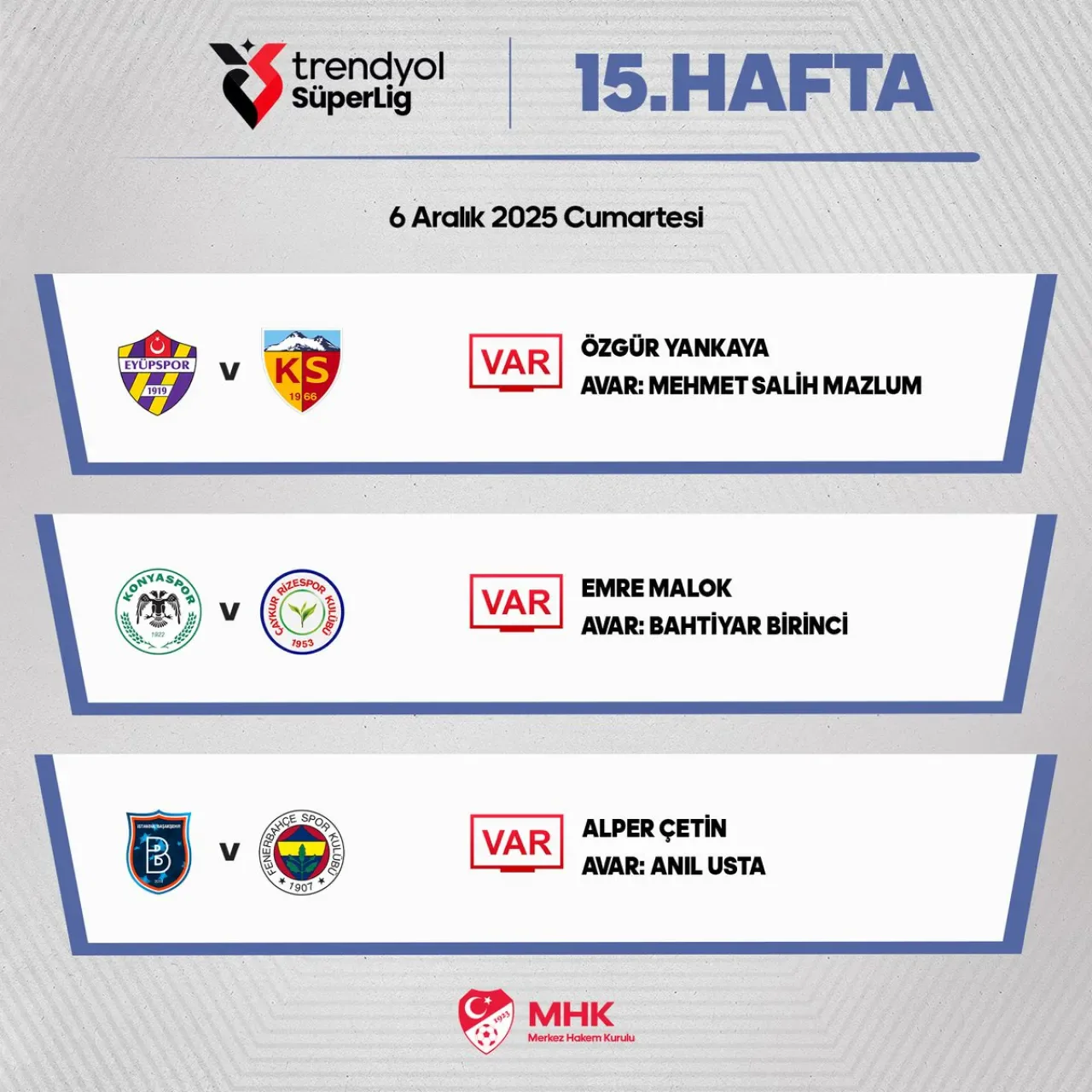 Süper Lig'de Bugünkü Maçların VAR Hakemleri Açıklandı Süper Lig'de Bugünkü Maçların VAR Hakemleri Açıklandı