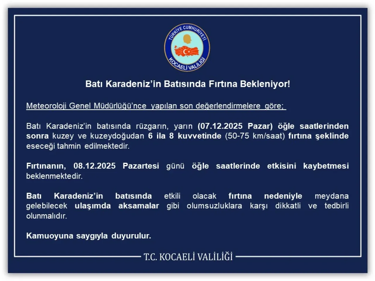 Batı Karadeniz'in Batısında Pazar Günü Fırtına Uyarısı Batı Karadeniz'in Batısında Pazar Günü Fırtına Uyarısı