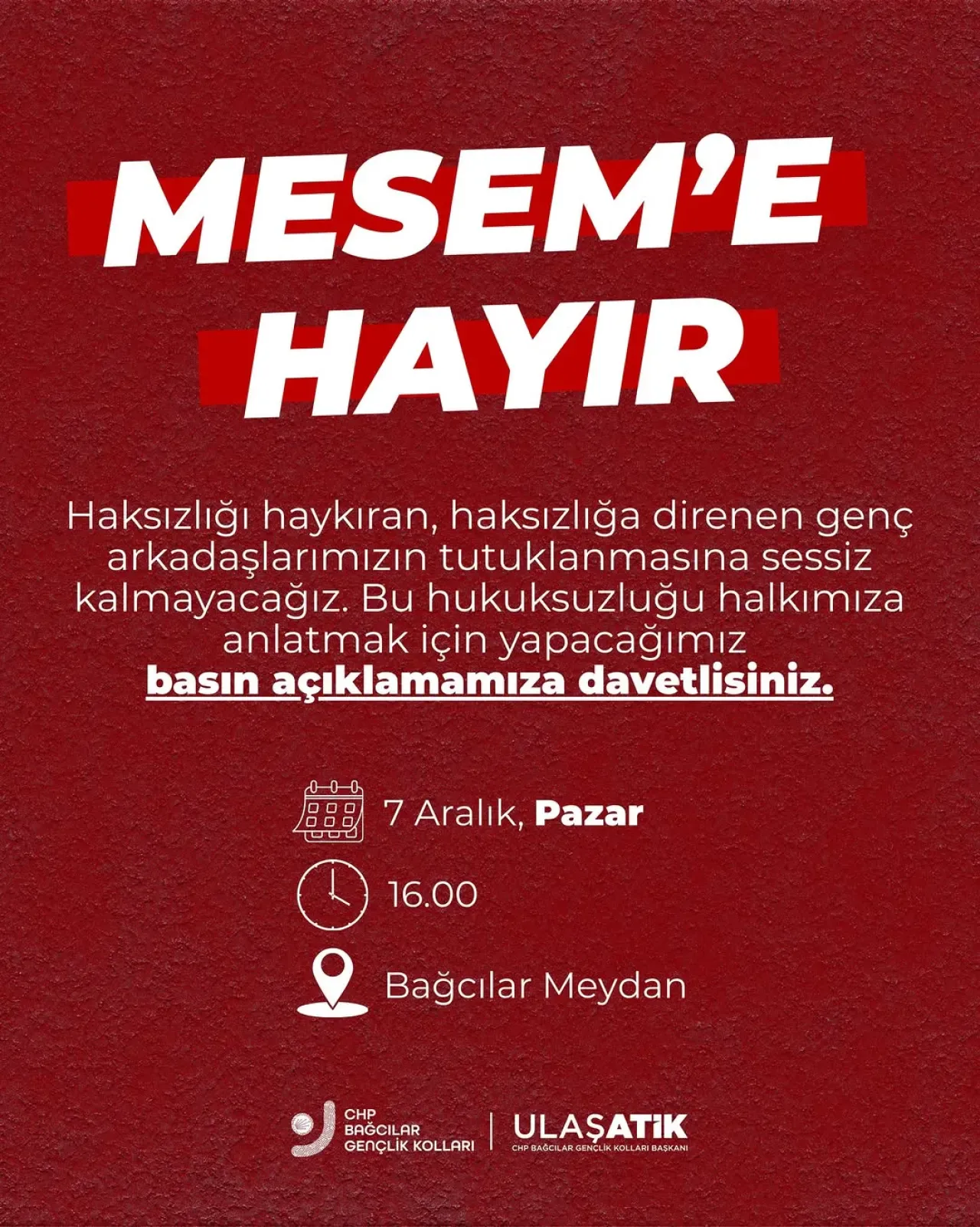 CHP Bağcılar Gençlik Kolları, Tutuklanan Gençler İçin Basın Açıklaması Yapacak CHP Bağcılar Gençlik Kolları, Tutuklanan Gençler İçin Basın Açıklaması Yapacak