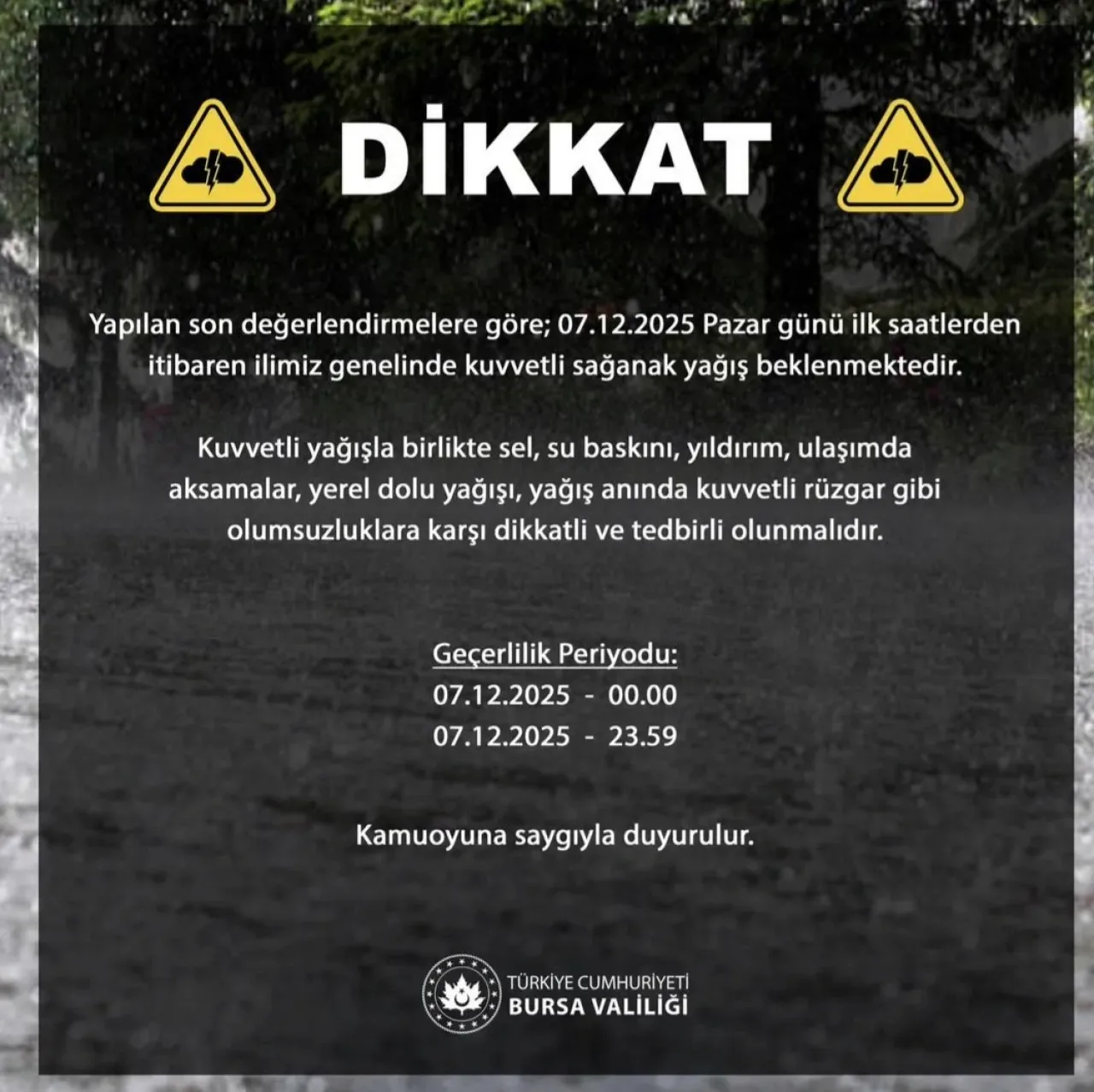 Bursa Osmangazi'de Pazar Günü Kuvvetli Sağanak Bekleniyor Bursa Osmangazi'de Pazar Günü Kuvvetli Sağanak Bekleniyor