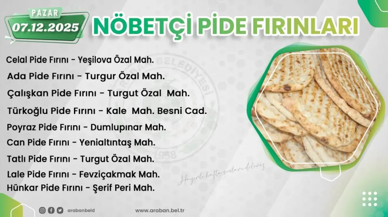 Araban Belediyesi'nden Vatandaşlara Pazar Günü Hizmeti: Nöbetçi Pide Fırınları Açıklandı Araban Belediyesi'nden Vatandaşlara Pazar Günü Hizmeti: Nöbetçi Pide Fırınları Açıklandı