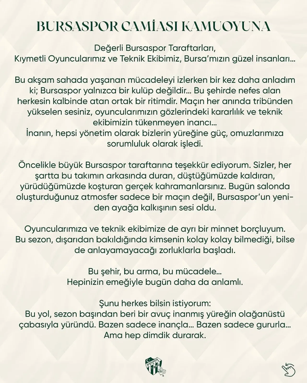 Bursaspor Başkanı Sezer Sezgin'den Taraftarlara ve Kamuoyuna Mesaj Bursaspor Başkanı Sezer Sezgin'den Taraftarlara ve Kamuoyuna Mesaj