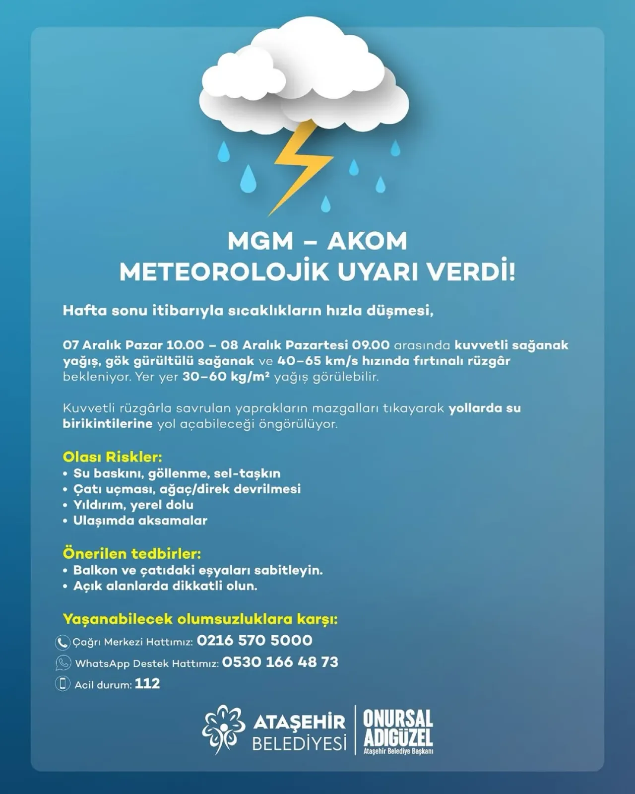 Ataşehir'de Pazar ve Pazartesi Günleri İçin Fırtına ve Sağanak Yağış Uyarısı Ataşehir'de Pazar ve Pazartesi Günleri İçin Fırtına ve Sağanak Yağış Uyarısı
