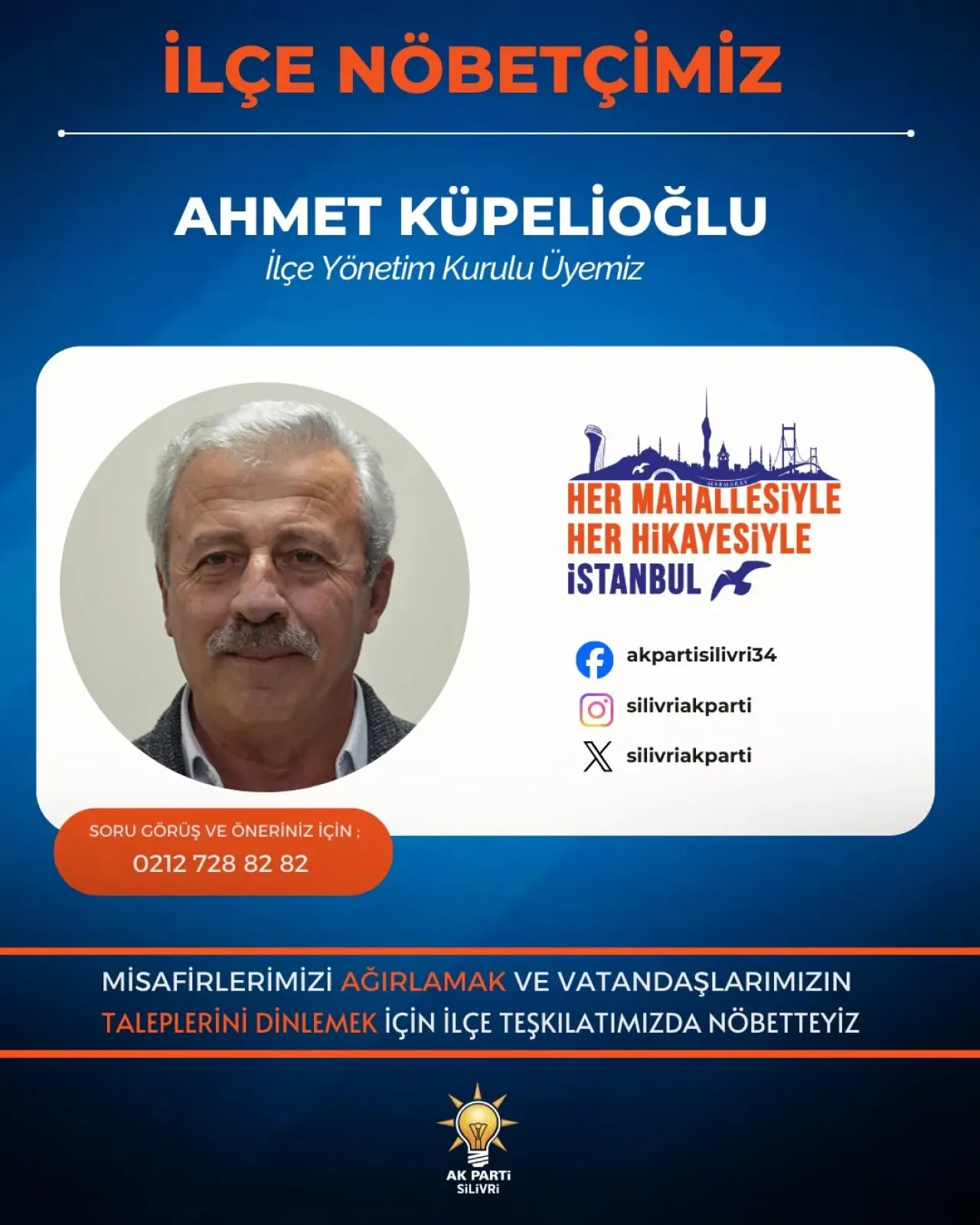AK Parti Silivri İlçe Teşkilatı'nda Nöbetçi İlçe Yönetim Kurulu Üyesi Belli Oldu AK Parti Silivri İlçe Teşkilatı'nda Nöbetçi İlçe Yönetim Kurulu Üyesi Belli Oldu