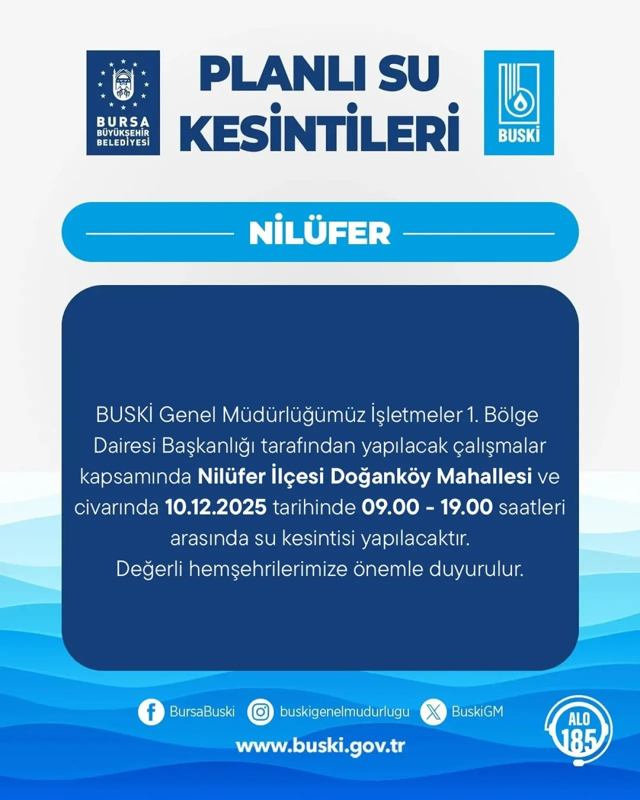 Bursa Su ve Kanalizasyon İdaresi Genel Müdürlüğü'nden Vatandaşlara Duyuru Bursa Su ve Kanalizasyon İdaresi Genel Müdürlüğü'nden Vatandaşlara Duyuru