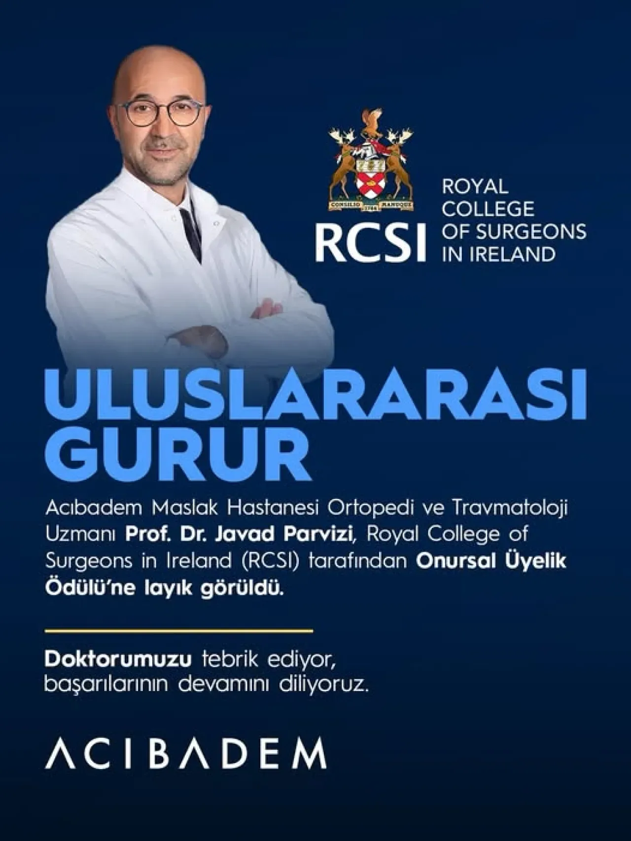 Prof. Dr. Javad Parvizi, Prestijli RCSI Onursal Üyelik Ödülü'nü Aldı Prof. Dr. Javad Parvizi, Prestijli RCSI Onursal Üyelik Ödülü'nü Aldı