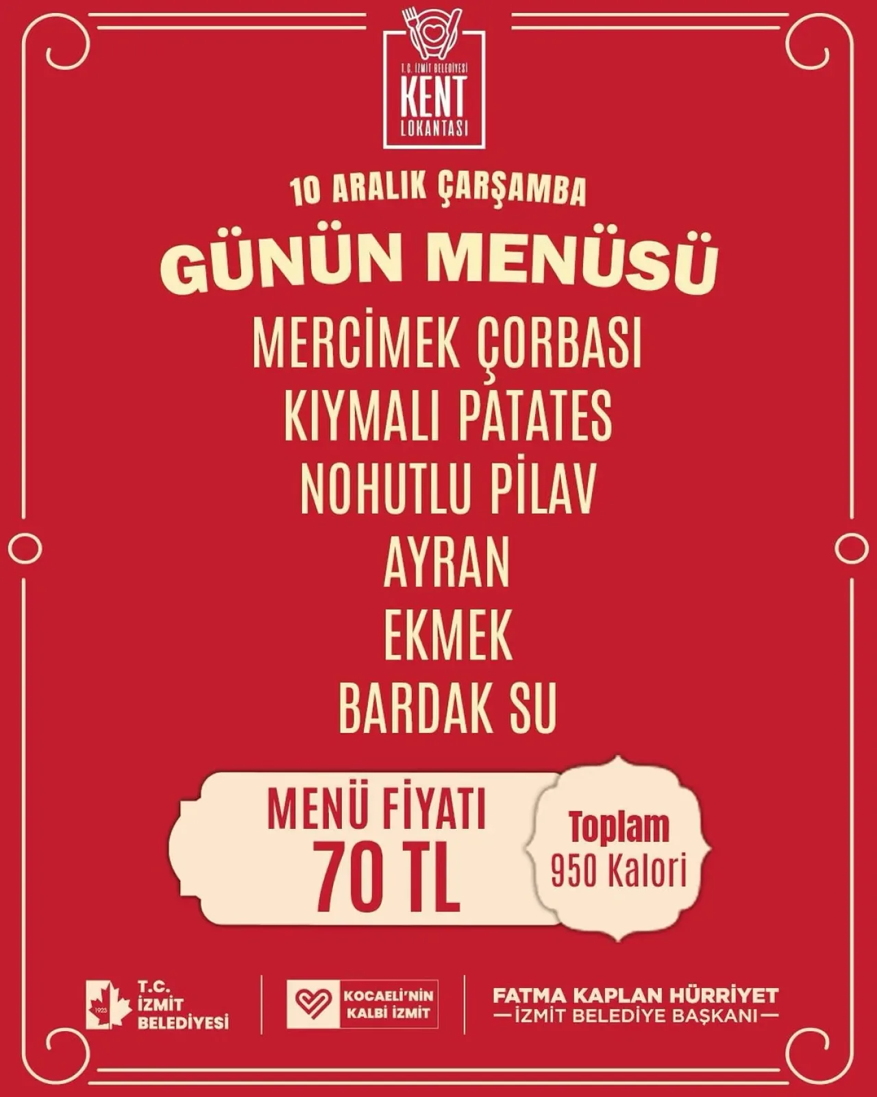 İzmit Belediyesi'nden Uygun Fiyatlı ve Besleyici Öğle Yemeği: Günün Menüsü 70 TL İzmit Belediyesi'nden Uygun Fiyatlı ve Besleyici Öğle Yemeği: Günün Menüsü 70 TL