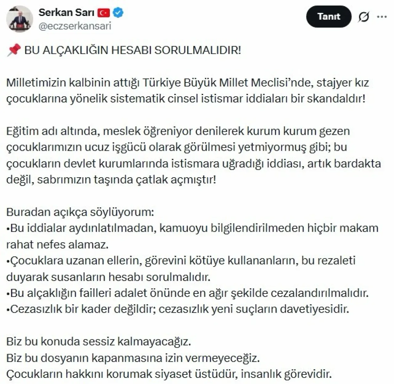 CHP'li Sarı'dan TBMM'deki Stajyer İstismarı İddialarına Sert Tepki: "Bu Alçaklığın Hesabı Sorulmalı" CHP'li Sarı'dan TBMM'deki Stajyer İstismarı İddialarına Sert Tepki: "Bu Alçaklığın Hesabı Sorulmalı"