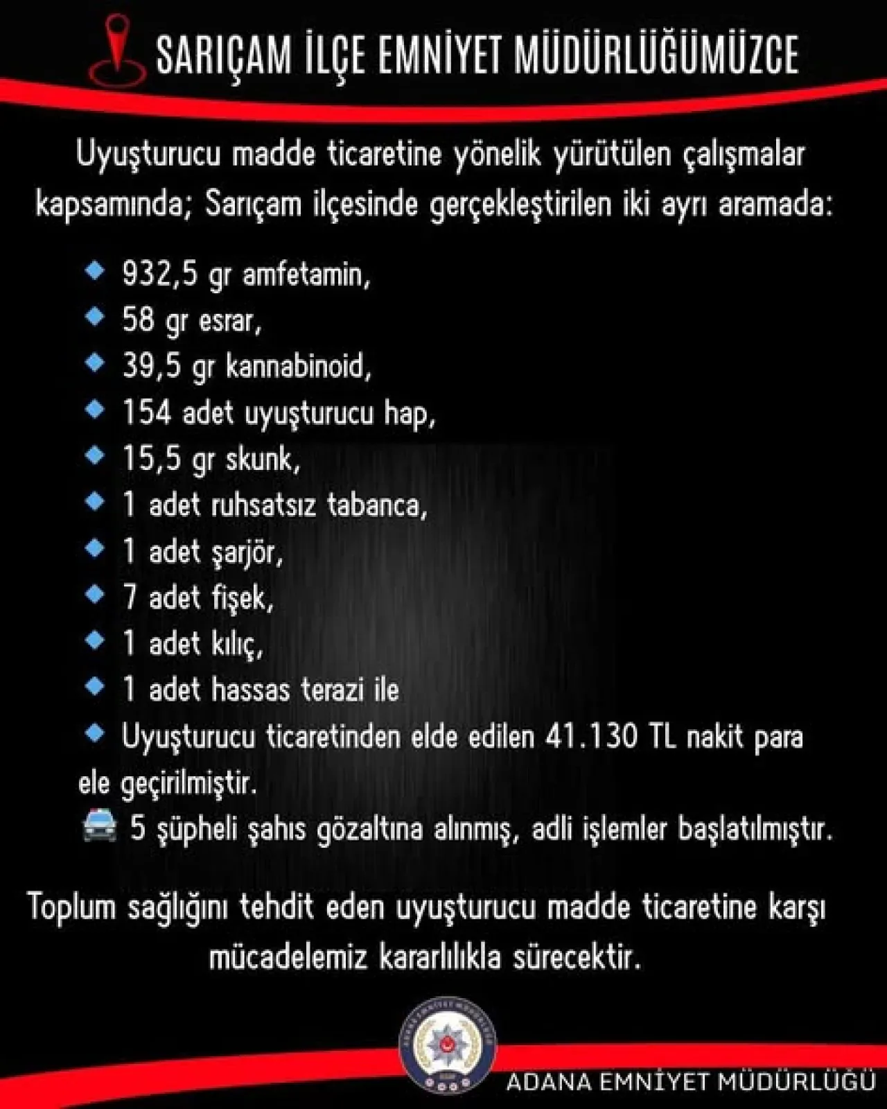 Adana'da Uyuşturucu Operasyonu: 5 Gözaltı Adana'da Uyuşturucu Operasyonu: 5 Gözaltı