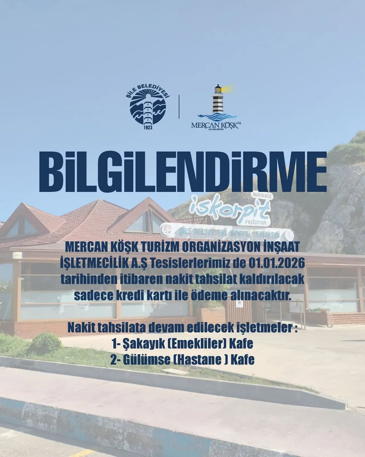Şile Belediyesi'ne Bağlı Tesislerde Nakit Ödeme Dönemi Sona Eriyor Şile Belediyesi'ne Bağlı Tesislerde Nakit Ödeme Dönemi Sona Eriyor