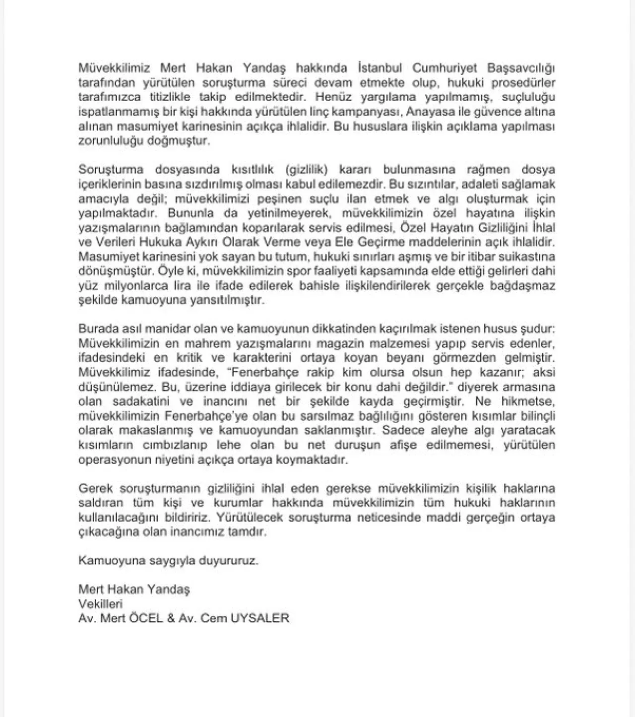 Mert Hakan Yandaş'ın Avukatlarından Açıklama Mert Hakan Yandaş'ın Avukatlarından Açıklama