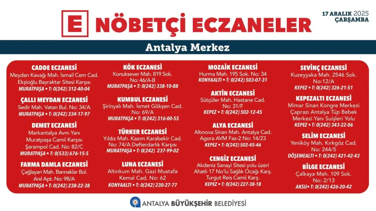 Antalya'da Nöbetçi Eczaneler: 17 Aralık 2025 Çarşamba Günü Hizmet Verecek Eczaneler Antalya'da Nöbetçi Eczaneler: 17 Aralık 2025 Çarşamba Günü Hizmet Verecek Eczaneler