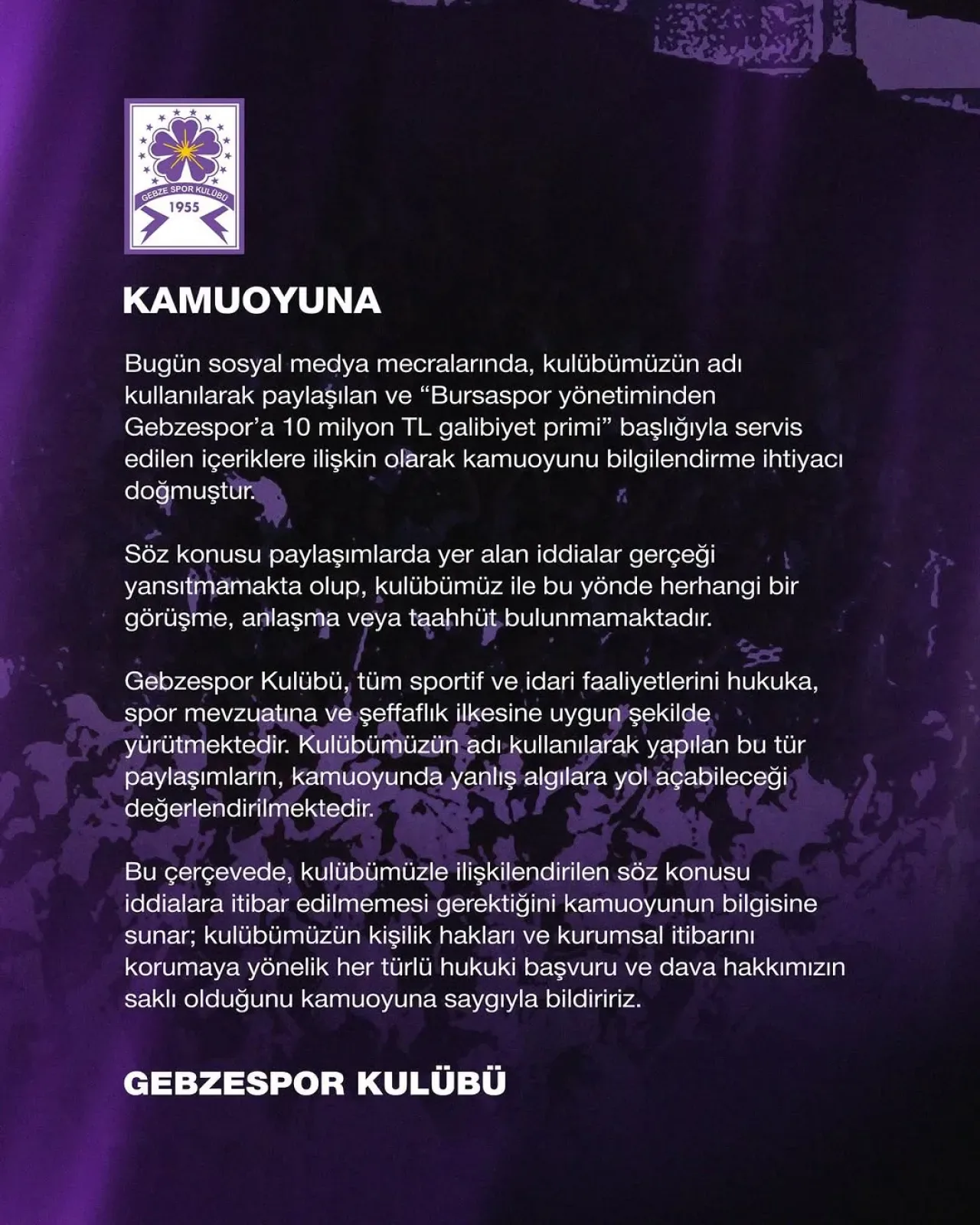 Gebzespor'dan Bursaspor Primi İddialarına Yanıt: Gerçeği Yansıtmıyor Gebzespor'dan Bursaspor Primi İddialarına Yanıt: Gerçeği Yansıtmıyor
