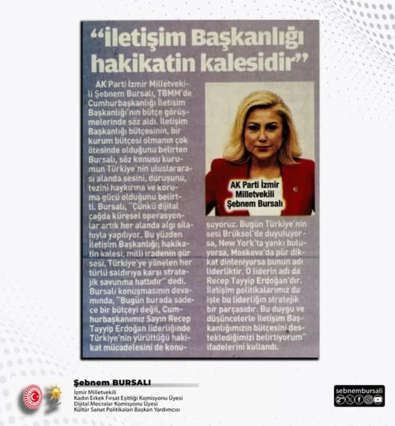 Ak Parti İzmir Milletvekili Şebnem Bursalı'nın Basındaki Haberi Ak Parti İzmir Milletvekili Şebnem Bursalı'nın Basındaki Haberi