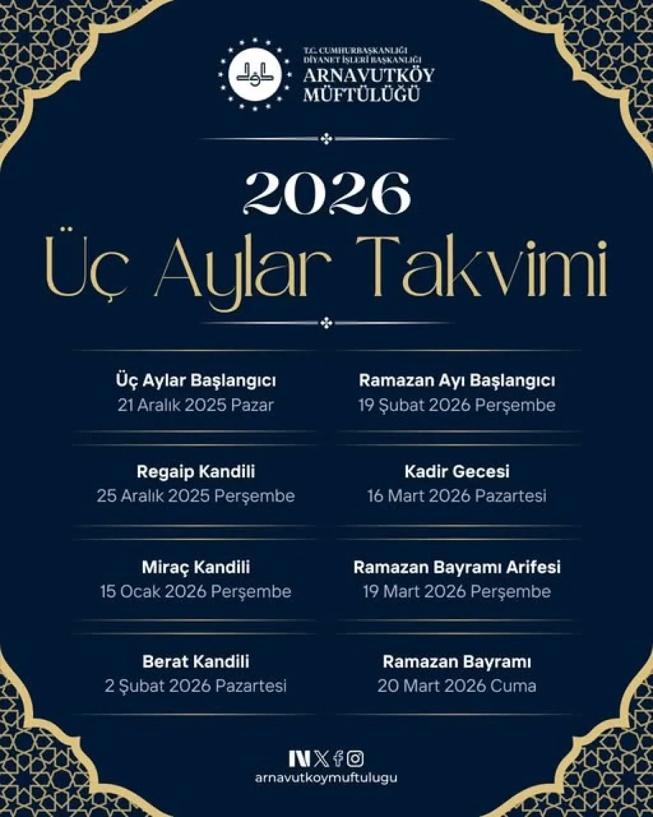 Arnavutköy Müftülüğü 2026 Üç Aylar Takvimi'ni Açıkladı Arnavutköy Müftülüğü 2026 Üç Aylar Takvimi'ni Açıkladı