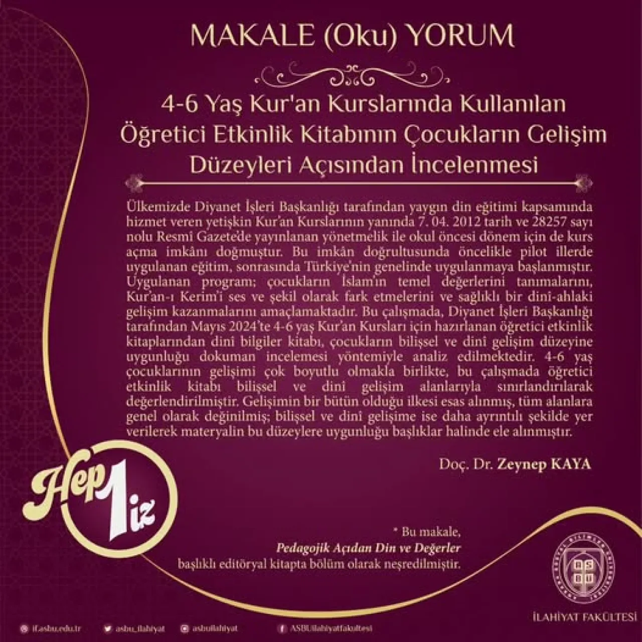 ASBÜ Öğretim Üyesinden 4-6 Yaş Kur'an Kursları İçin Önemli Çalışma ASBÜ Öğretim Üyesinden 4-6 Yaş Kur'an Kursları İçin Önemli Çalışma