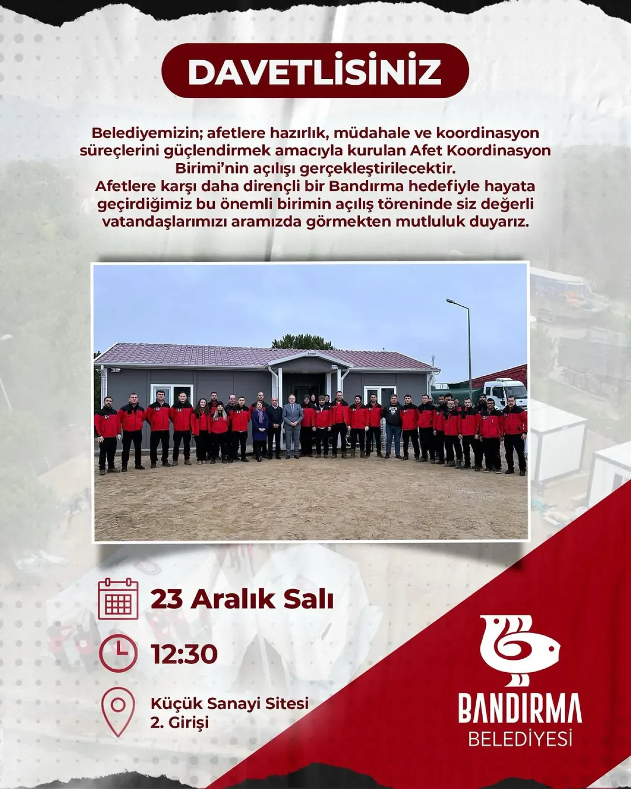 Bandırma Belediyesi Afet Koordinasyon Birimi Açılıyor Bandırma Belediyesi Afet Koordinasyon Birimi Açılıyor