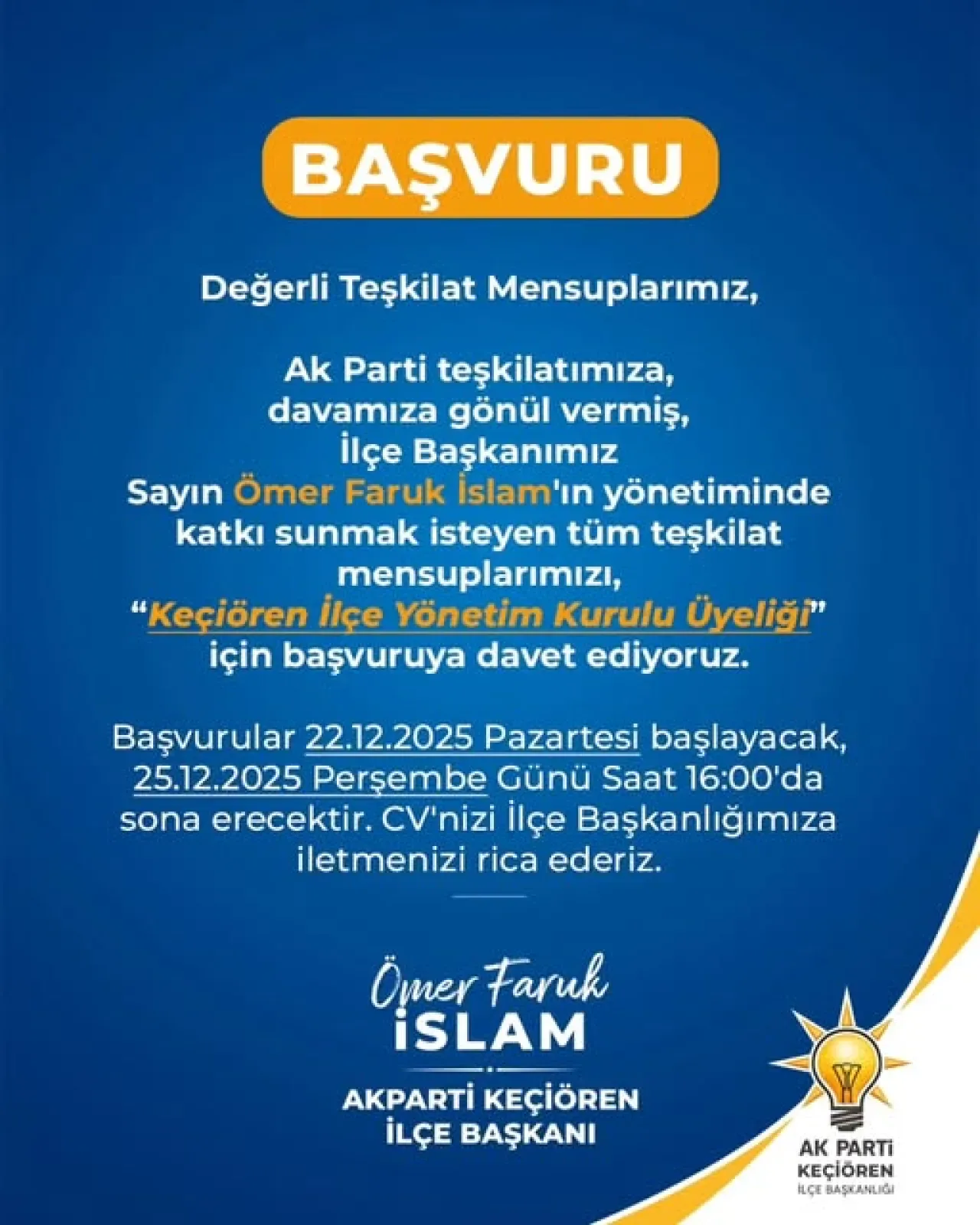 AK Parti Keçiören'de İlçe Yönetim Kurulu Üyeliği Başvuruları Başlıyor AK Parti Keçiören'de İlçe Yönetim Kurulu Üyeliği Başvuruları Başlıyor