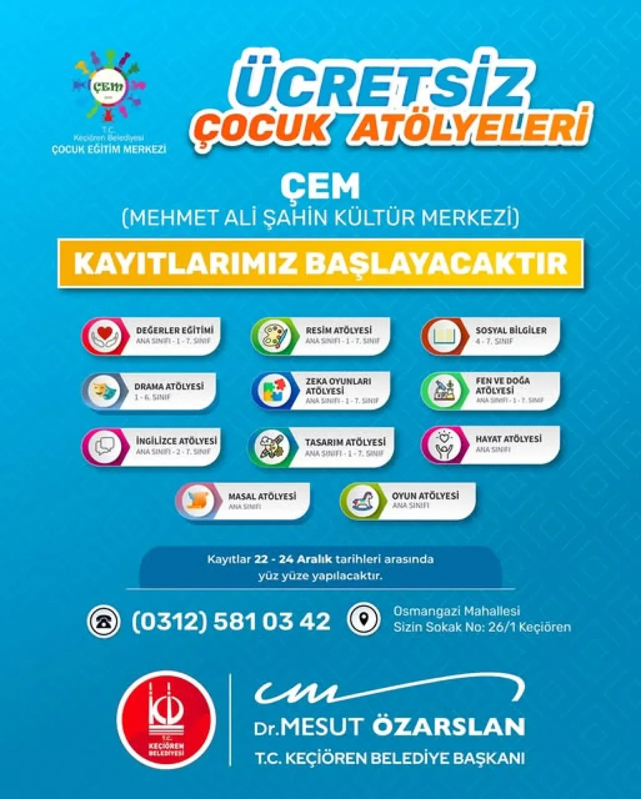 Keçiören'de Çocuk Atölyeleri Kayıtları Başlıyor Keçiören'de Çocuk Atölyeleri Kayıtları Başlıyor