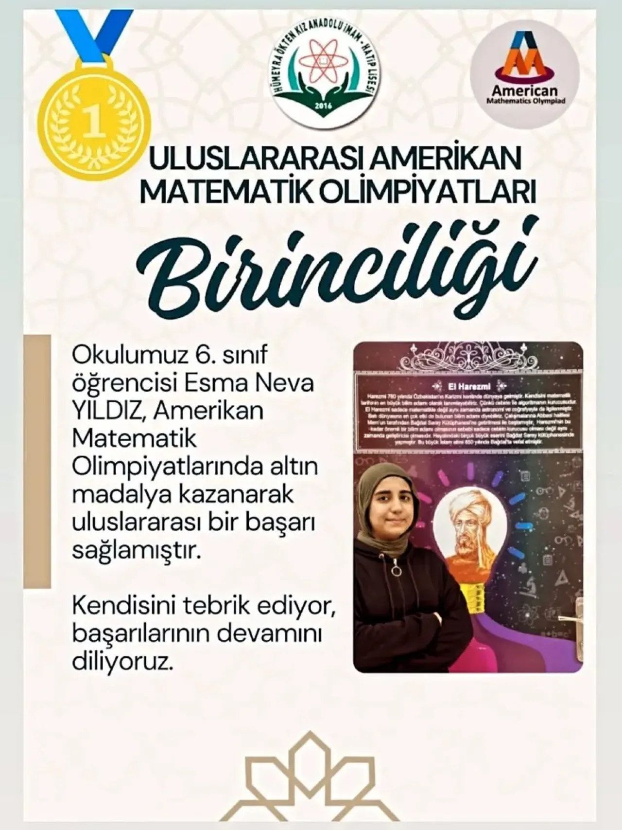 Adanalı Öğrenci Esma Neva Yıldız, Amerikan Matematik Olimpiyatları'nda Altın Madalya Kazandı Adanalı Öğrenci Esma Neva Yıldız, Amerikan Matematik Olimpiyatları'nda Altın Madalya Kazandı